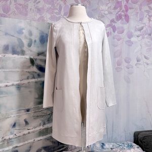 CARMEN MARC VALVO Faux Leather Jacket Duster Long Lace Trim Neutral Women XS